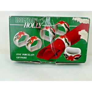 Napkin Rings Christmas Red Holly Bows Vintage Japan Porcelain White Green